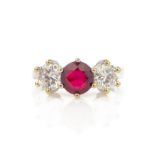 18ct white gold three stone round ruby and round brilliant cut diamond ring hallmarked ruby = 1.