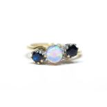 9ct gold three stone opal and sapphire ring hallmarked approx 3gm Condition Report