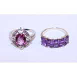 Topaz and amethyst silver dress ring and five stone silver amethyst ring both stamped 925