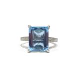 Emerald cut aquamarine and diamond white gold ring hallmarked 18ct Condition Report