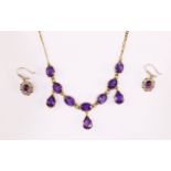 Amethyst 9ct gold necklace hallmarked 9ct and pair similar ear-rings (spare gold links)
