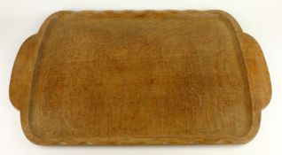 Carved and adzed oak rectangular two handled tray,by repute made by a POW,