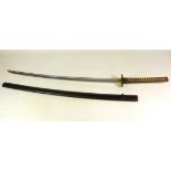 Japanese Katana with cord bound hilt and plain cast pierced Tsuba,