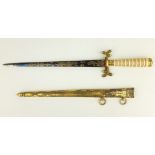 19th century Midshipman's Dirk with 21cm engraved blue and gilt blade,