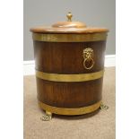 20th century oak and brass bound barrel log bin with later lid, D38cm,