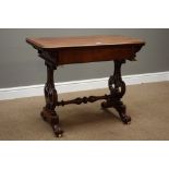 William IV mahogany tea table, fold over moulded top with rounded corners,