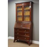 Early 20th century mahogany bureau bookcase enclosed by leaded glass doors, W91cm, H196cm,