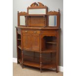 Edwardian walnut mirror back sideboard, drawer and panelled cupboard with carved flower and vase,