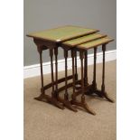 Reproduction mahogany nest of three tables with inset leather tops, 50cm x 35cm,