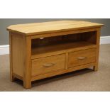 Solid oak corner television stand, two drawers, W98cm, H50cm,