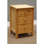 Pine three drawer bedside chest, W41cm, H63cm,