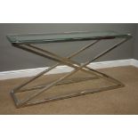 Chrome x-framed console table with glass top, 151cm x 75cm,