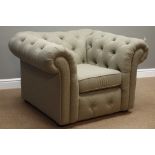 Chesterfield shaped club armchair upholstered in taupe, W115cm, H72cm,