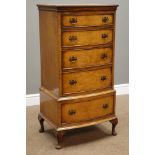 Reproduction figured walnut chest on chest, five graduating drawers, W52cm, H105cm,