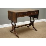 Reproduction figured mahogany sofa table, drop leaf top with rounded corners, two drawers,