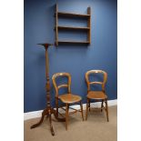 Pair Victorian beech framed chairs, oak three tier wall hanging shelf and an oak plant stand,