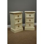 Pair cream finish three drawer bedside chests, W42cm, H73cm,