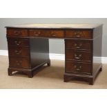 Reproduction mahogany twin pedestal office desk, inset leather top, eight drawers, W136cm, H78cm,