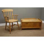 Beech farmhouse style carver armchair and a maple wood blanket box Condition Report