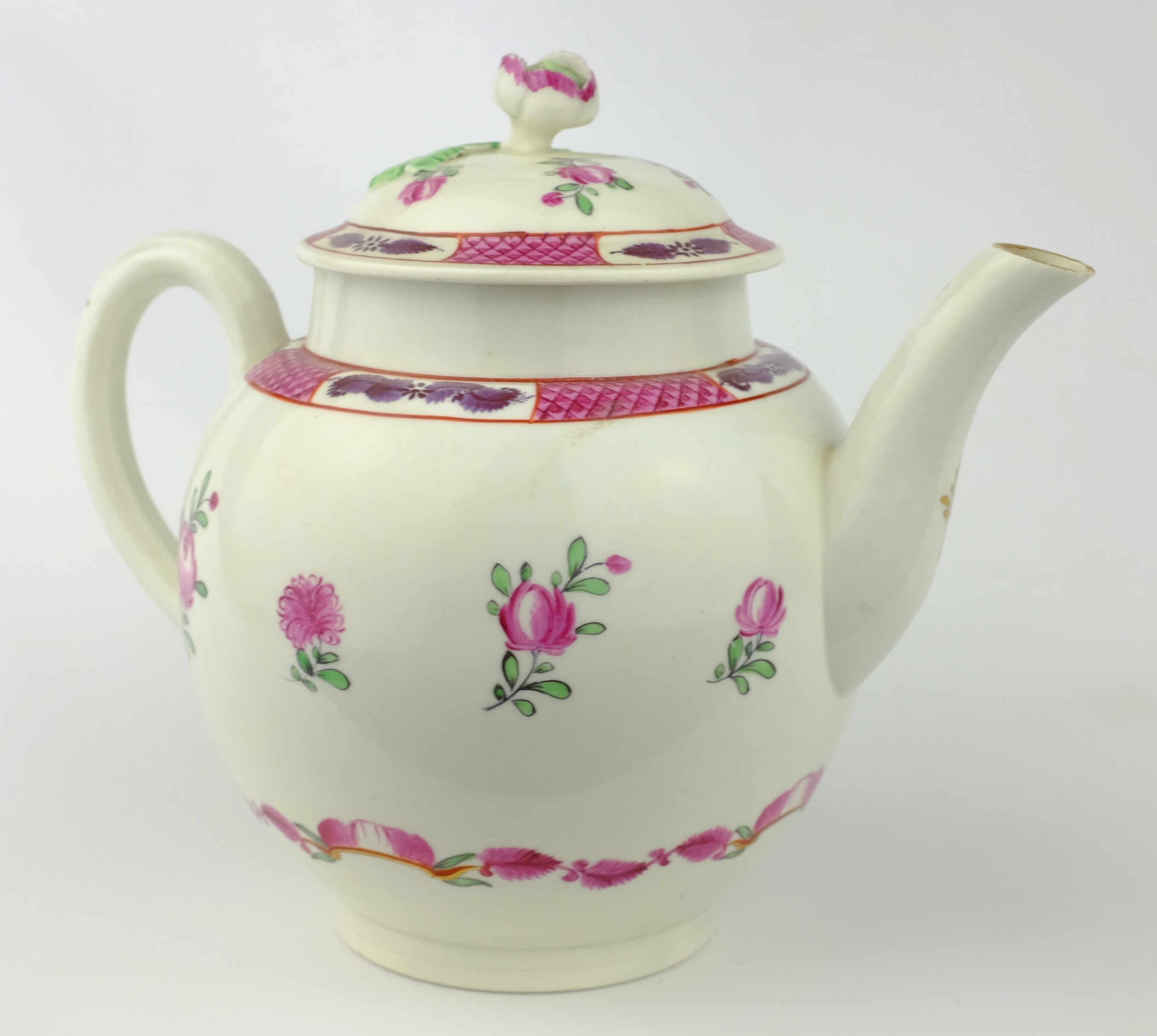 Late 18th century globular teapot, painted with floral sprays below a fish scale border, - Image 2 of 8