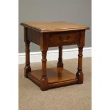 Cherry wood lamp top, moulded square top above drawer, turned supports with undertier, 46cm x 46cm,