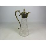 Cut and etched glass claret jug with silver-plated mounts, and fleur-de-lis decoration,