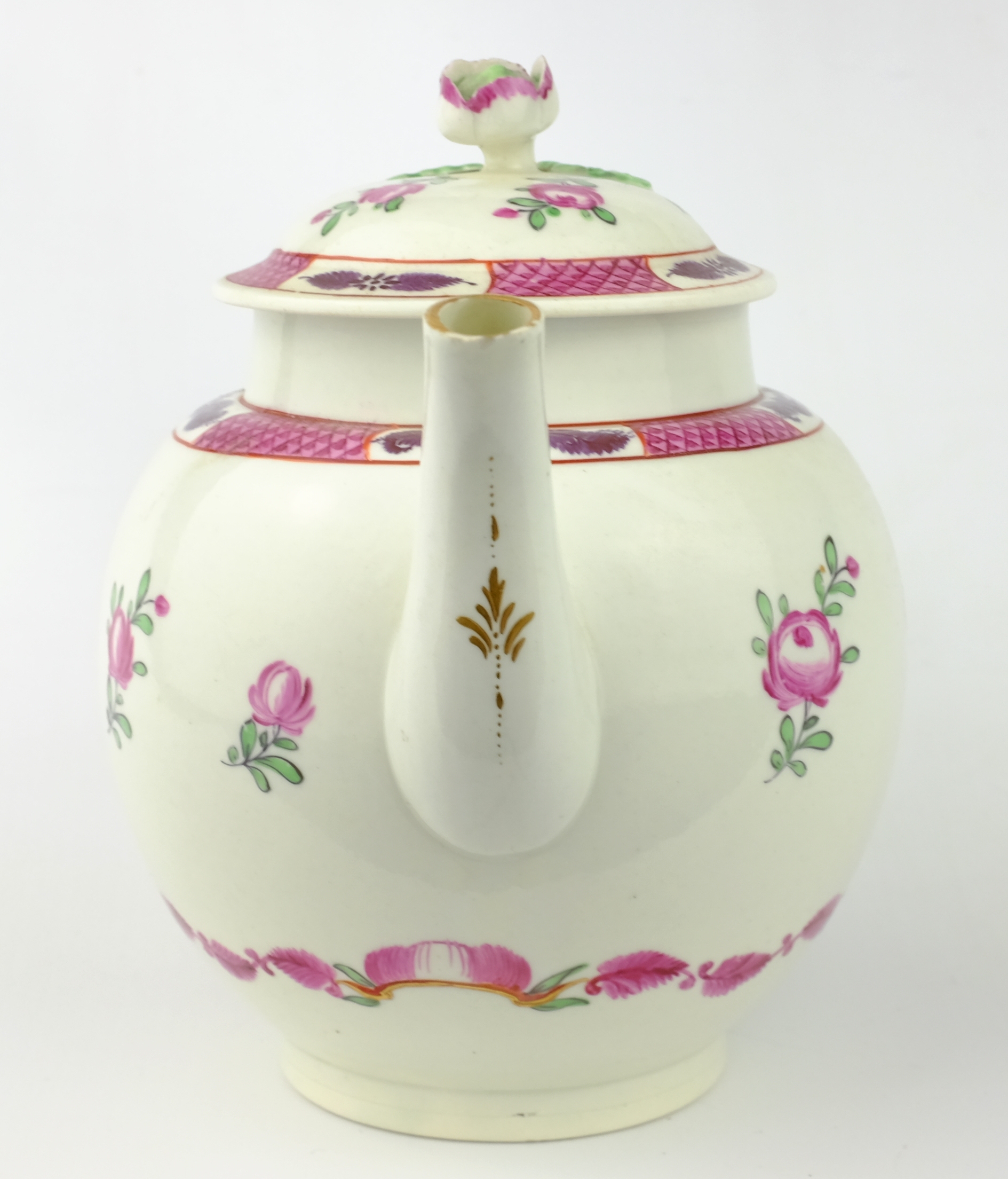 Late 18th century globular teapot, painted with floral sprays below a fish scale border, - Image 3 of 8