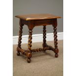 Chestnut joint stool with open barley twist supports, rectangular moulded top, 45cm x 30cm,