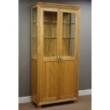 Light oak illuminated display cabinet with adjustable shelves, W90cm, H196cm,