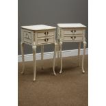 Late 20th century cream and gilt bedsides with two drawers, W38cm, H88cm,