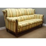 Three seat wooden framed high wingback sofas (W215cm, H104cm, D100cm),