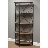 Wrought metal and rustic pine demi-lune five tier shelf unit, W80cm, H169cm,