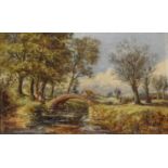 Figures by a Bridge in a Rural Setting, 19th century oil on board signed with initials L.