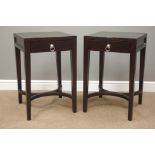 Pair dark oak bedside lamp tables, single drawer, curved x-shaped stretcher, W45cm, H70cm,