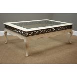 Rectangular white finish ash coffee table, inset bevelled glass top, metal work frieze,