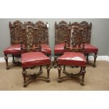 Victorian set six Carolean style dining chairs, heavily carved with foliage and flowers,