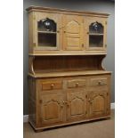 Light oak dresser, with two drawers and three cupboards, raised display cabinets,
