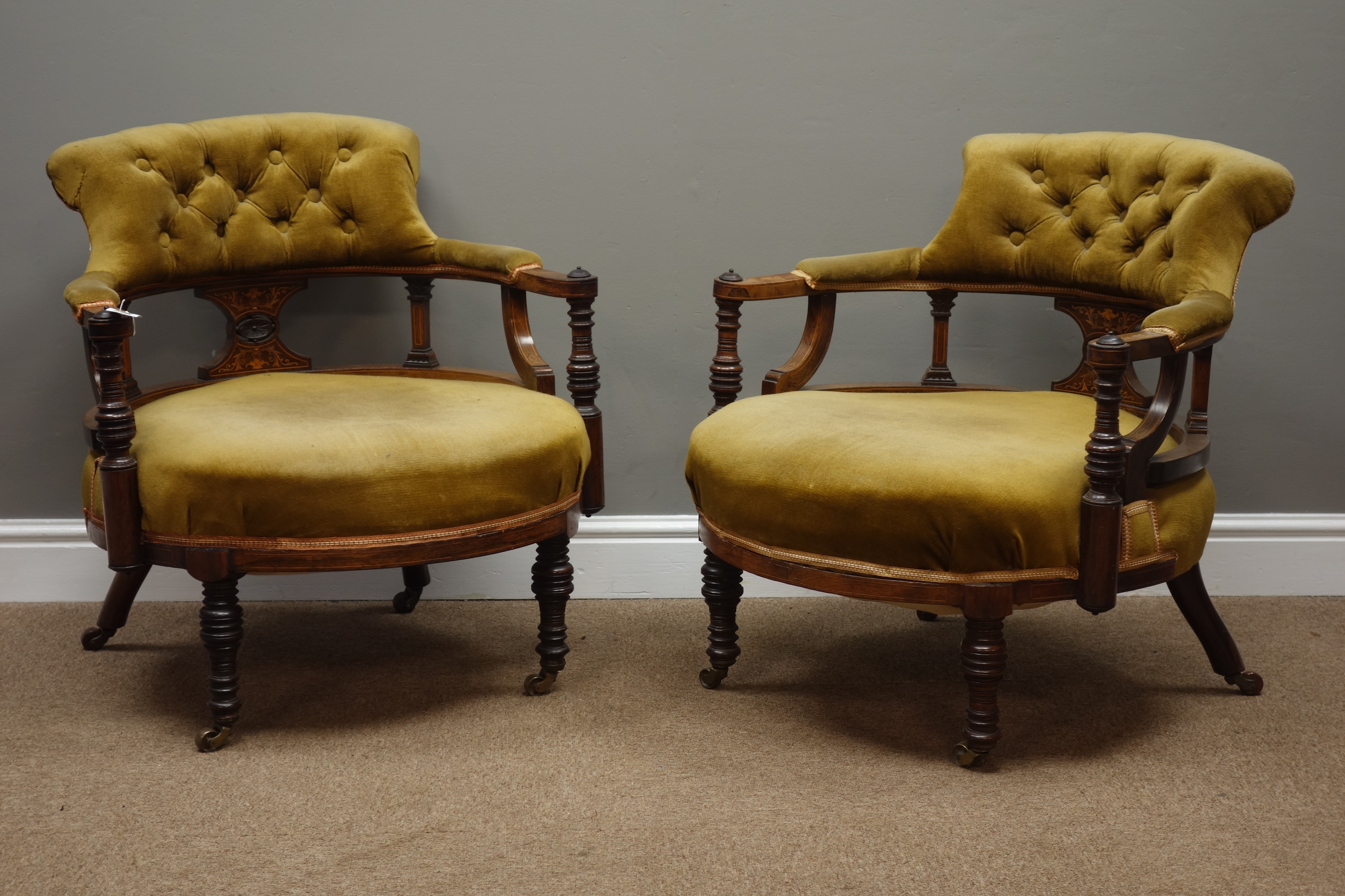 Pair Edwardian inlaid rosewood tub shaped armchairs, inlaid with scrolling foliage,