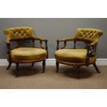 Pair Edwardian inlaid rosewood tub shaped armchairs, inlaid with scrolling foliage,