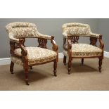 Pair Edwardian walnut framed armchairs,