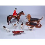 Beswick Hunting group; Huntsman on bay horse, four Hounds & fox and Basset Hound,