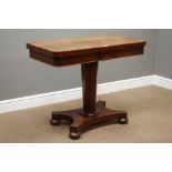 Victorian mahogany card table, rectangular top with rounded corners and baize lined,
