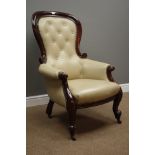 Victorian mahogany framed armchair, turned supports with outward scrolling arms,
