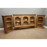 Pine wall hanging display bookcase, six glazed doors, W262cm,