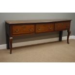 Early 18th century oak dresser base, rectangular moulded top above dentil frieze and three drawers,
