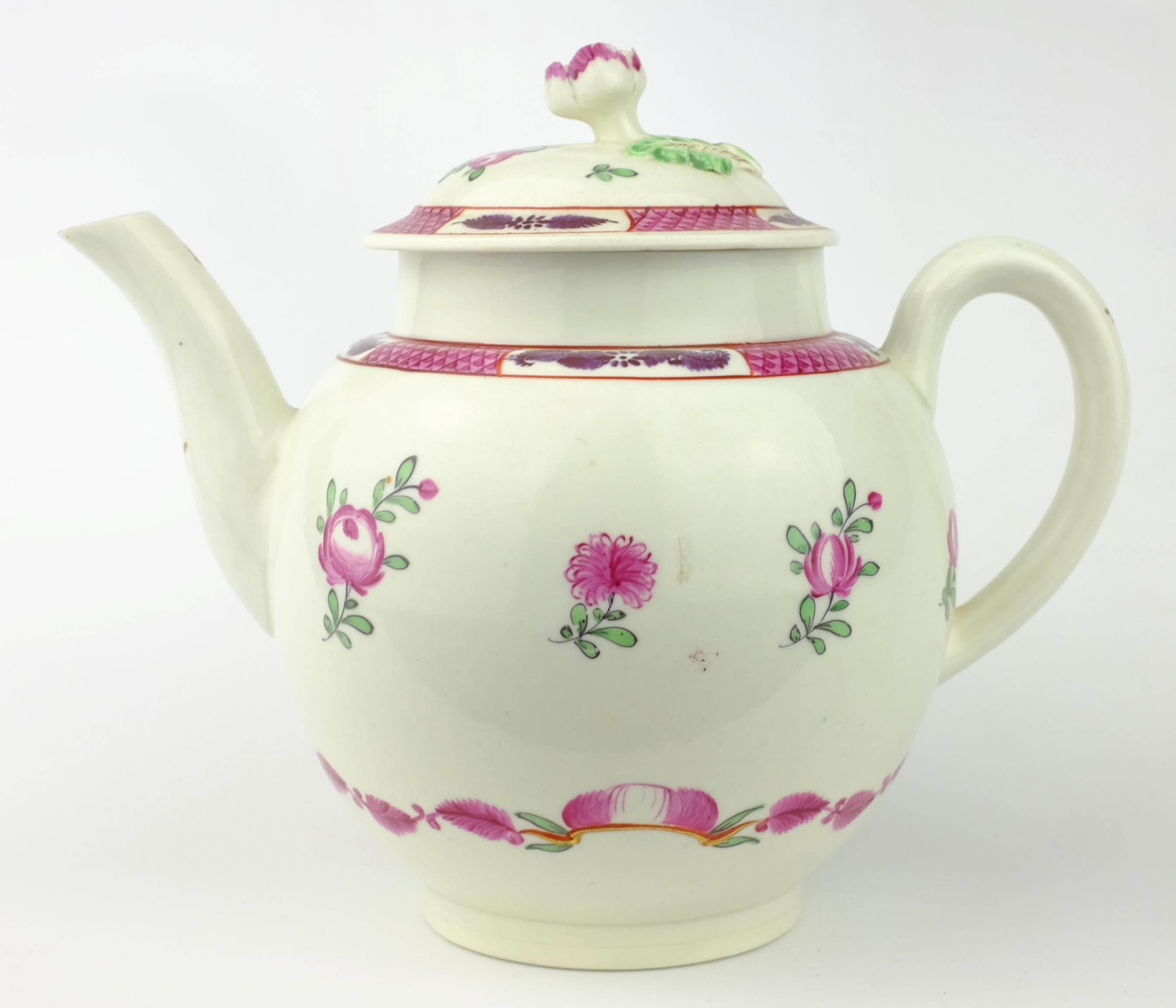 Late 18th century globular teapot, painted with floral sprays below a fish scale border, - Image 4 of 8