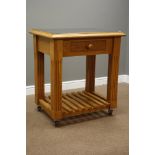 Oak kitchen island trolley with inset black granite top, pot board base, square fluted supports,