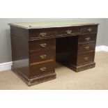 Early 20th century mahogany twin pedestal desk, leather inset top, nine drawers, W126cm, H75cm,