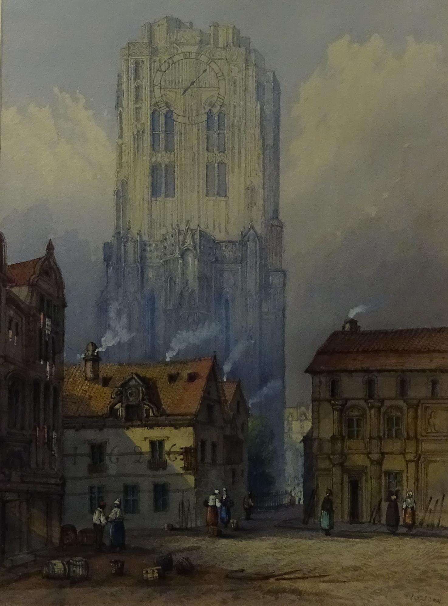 Continental Street Scene with Cathedral, watercolour signed by Edwin St.