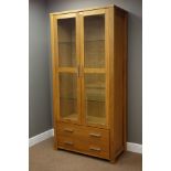 Solid light oak display cabinet/bookcase with two drawers, three adjustable shelves, W92cm, H190cm,